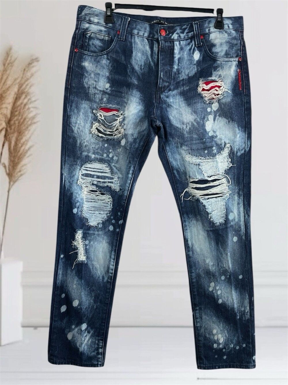 Cote De Nuits Buttonfly Men’s W36 L33 Distressed Acid Wash Blue Denim Jeans